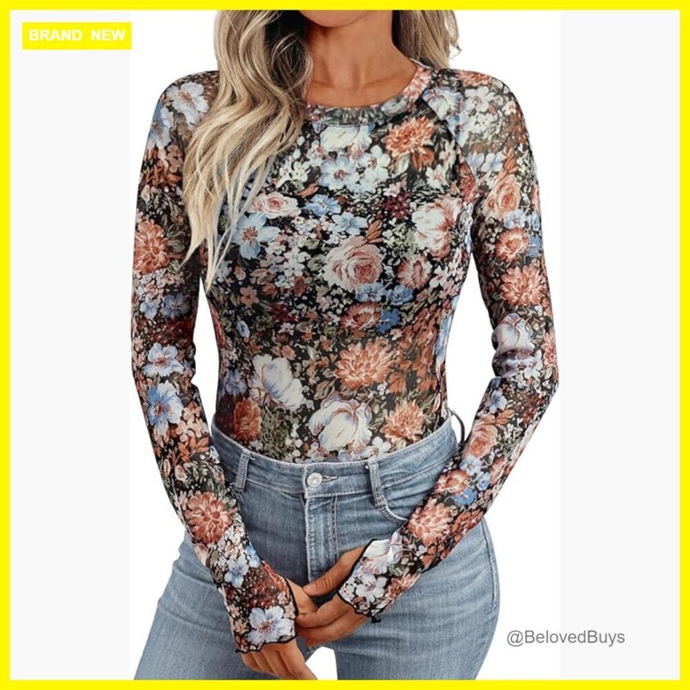 Mesh Sheer Lace Slim Fitted Long Sleeve Top Floral Print Streetwear
